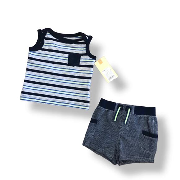 Cherokee Boys Outfit Size 0-3 Mo Blue Stripe Tank Shorts Set NEW - Picture 1 of 4